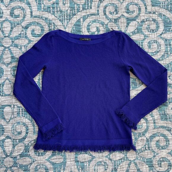 Ann Taylor Sail to Sable Fringe Hem Sweater Blue Long Sleeve - Size S - Picture 2 of 9